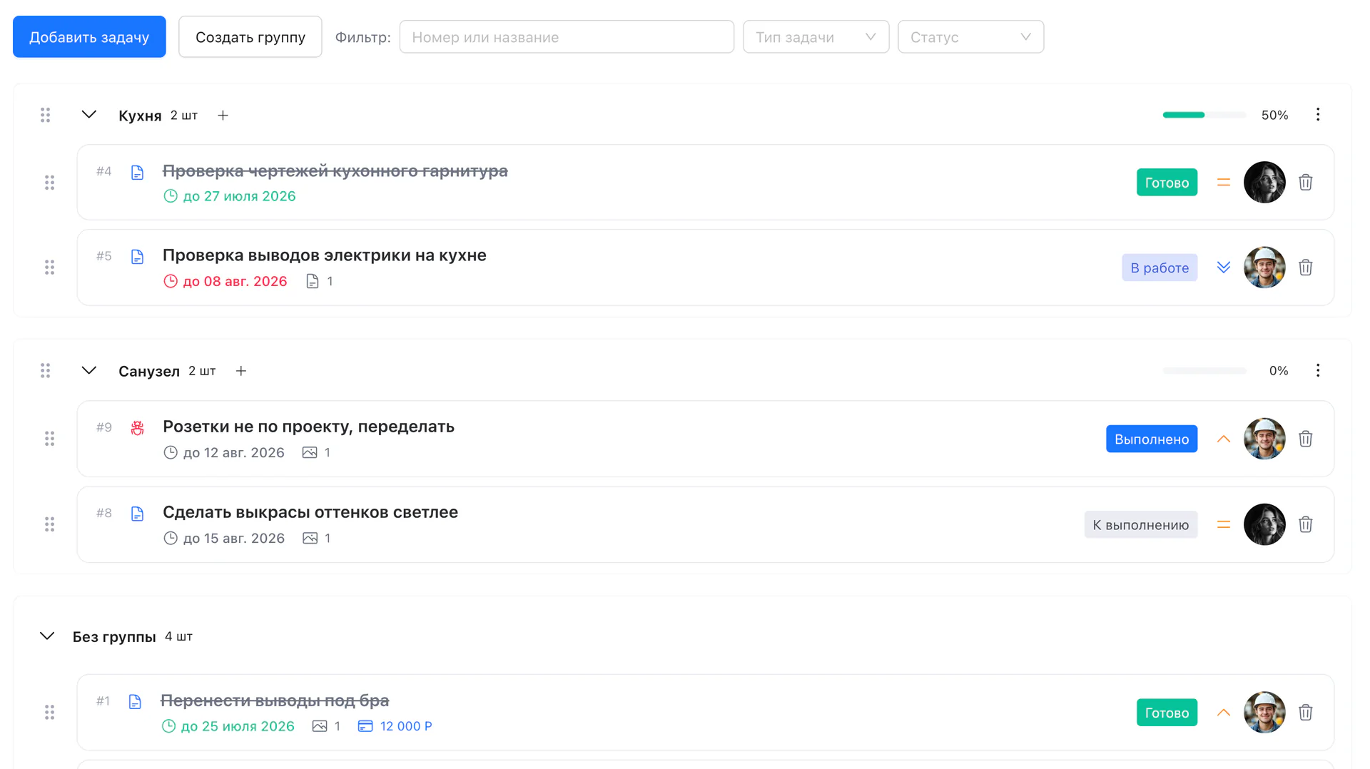 Список задач, сгруппированных по помещениям, со статусами и сроками